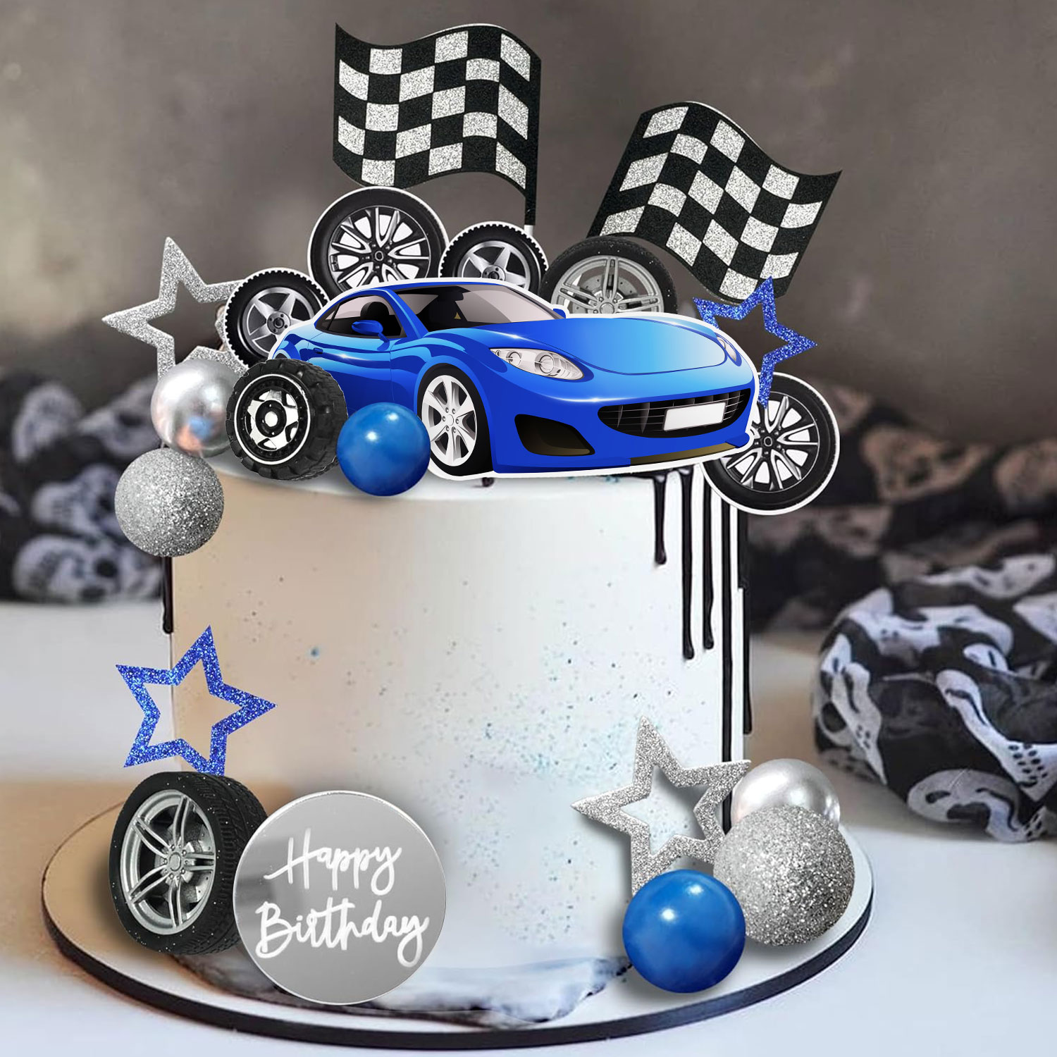 28 قطعة من عجلة السباق الزرقاء - مراجعة Lighting Mcqueen Birthday Decor وسعره