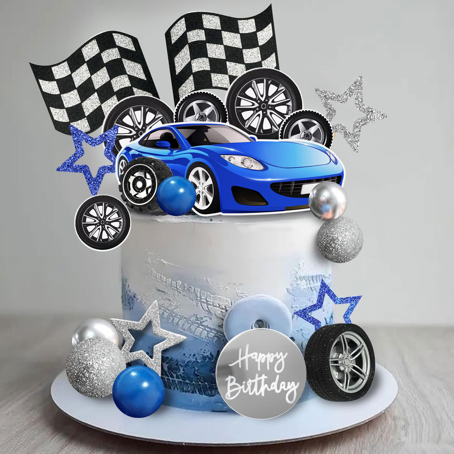 28 قطعة من عجلة السباق الزرقاء - مراجعة Lighting Mcqueen Birthday Decor وسعره